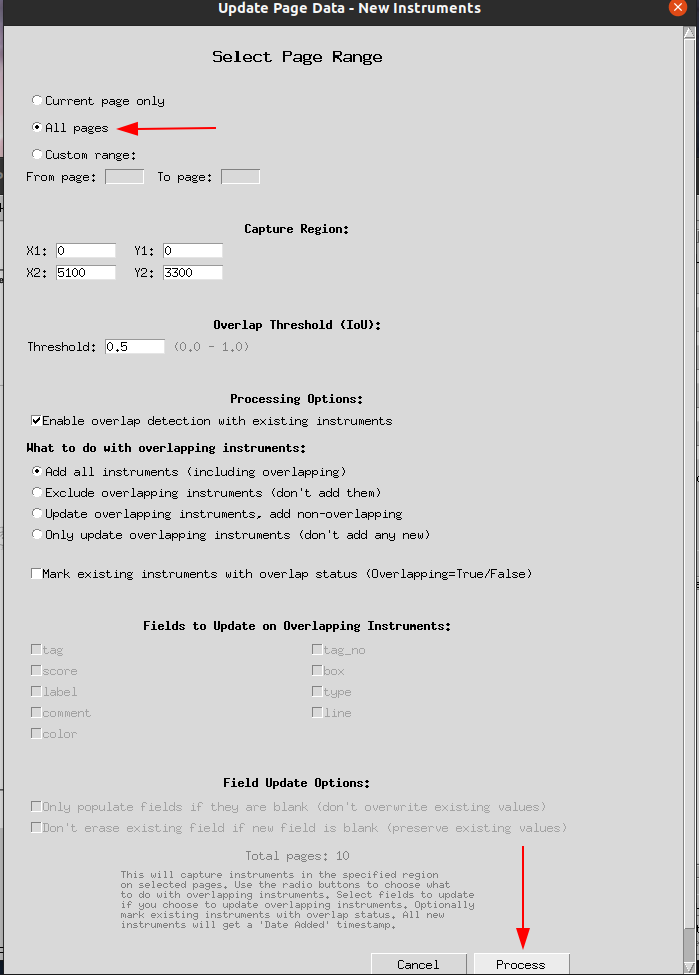 Update Page Data – select all pages and processing options
