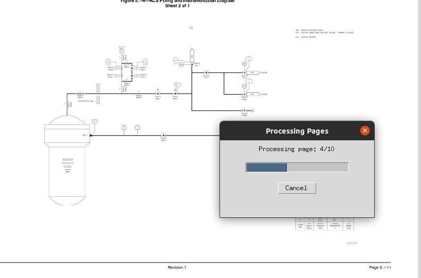 Processing Pages progress dialog over a P&ID diagram